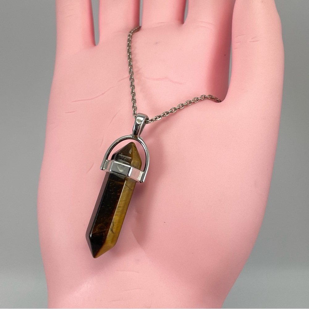 925 Sterling Silver Tiger Eye Natural Stone Crystal Pendant Necklace